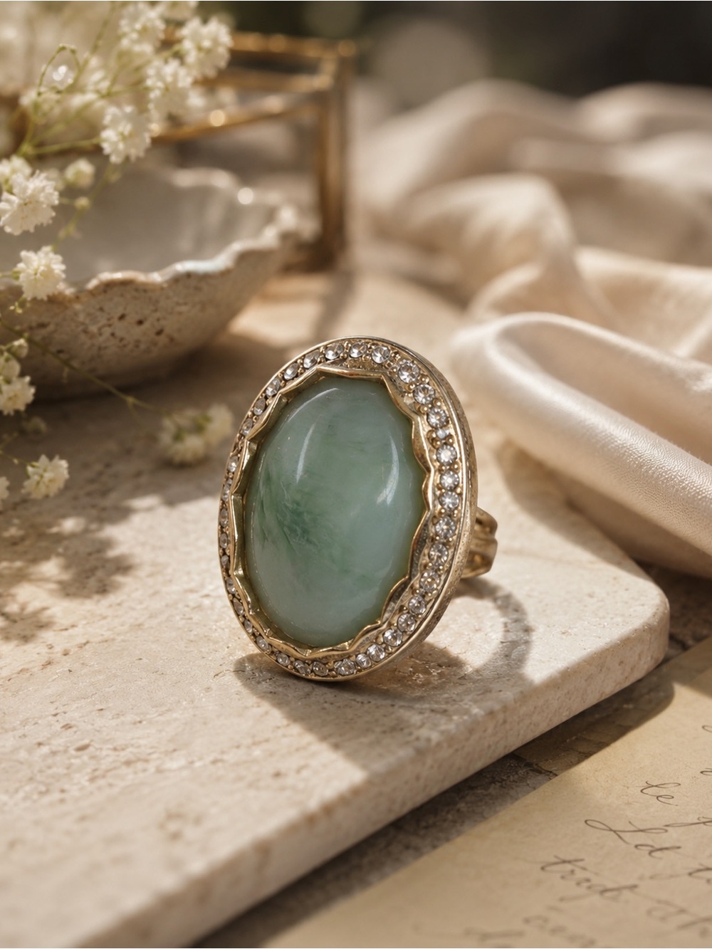 Vintage Style Green Stone Statement Ring Adjustable Gold Tone Cocktail Ring Boho